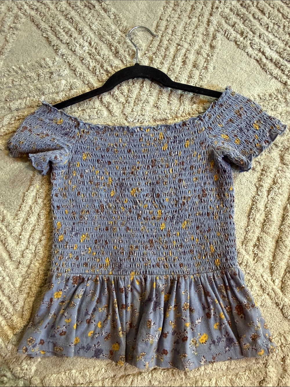 American Eagle Outfitters Lavender Floral Smocked Off-Shoulder Crop Top